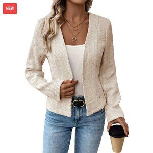 Tweed Blazer Collarless Open Front Slim Fit Lined Work Casual Jacket